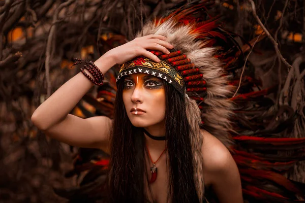 Nativo americano. Mujer india en vestido tradicional — Foto de Stock