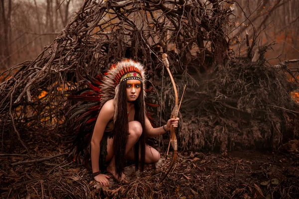 Native american. Indian γυναίκα με παραδοσιακή ενδυμασία — Φωτογραφία Αρχείου