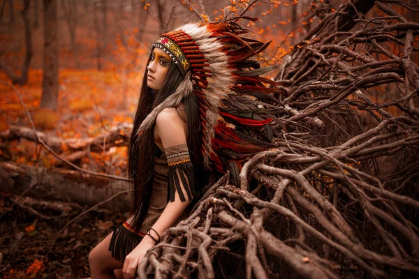Nativo americano. Mulher indiana em vestido tradicional — Fotografia de Stock