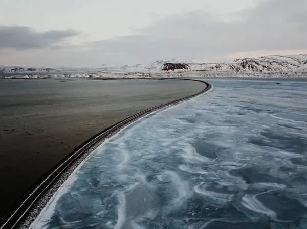 Bridge Parting Sea Frozen Lake Snaefellsnes Iceland Picture Taken Drone — Stock Photo, Image