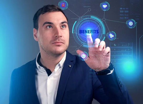Business Technologie Internet Netwerk Concept Jonge Zakenman Werken Een Virtueel — Stockfoto