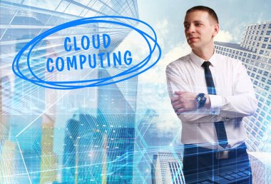 İş, teknoloji, Internet ve ağ kavramı. Genç işadamı gösteren Yazıt: Cloud computing
