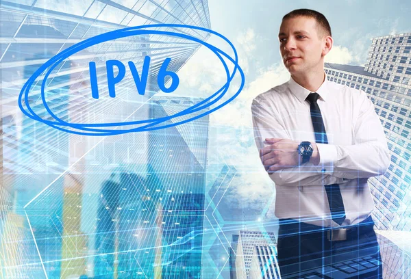 Conceito Negócio Tecnologia Internet Rede Jovem Empresário Mostrando Inscrição Ipv6 — Fotografia de Stock