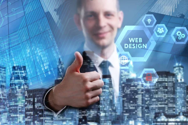 Business Technology Internet Network Concept Young Businessman Working Virtual Screen — Stock Photo, Image