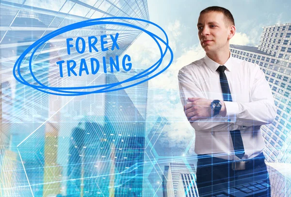 Concept Business Technology Internet Network Young Businessman Showing Inscription Forex — Stock Photo, Image