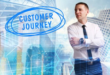 İş, teknoloji, Internet ve ağ kavramı. Genç işadamı gösteren Yazıt: müşteri yolculuk
