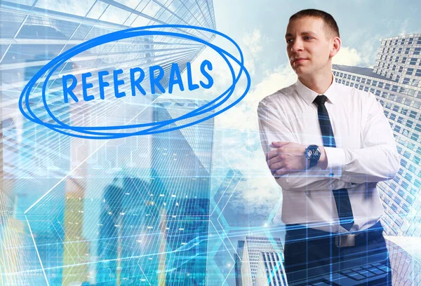 Concept Business Technology Internet Network Young Businessman Showing Inscription Referrals — Stock Photo, Image