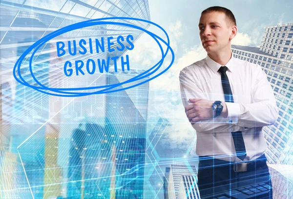Concept Business Technology Internet Network Young Businessman Showing Inscription Business — Stock Photo, Image