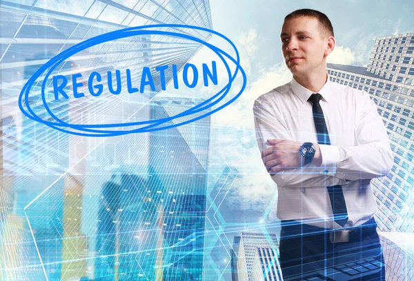 Concept Business Technology Internet Network Young Businessman Showing Inscription Regulation — Stock Photo, Image