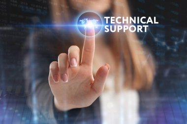 İş, teknoloji, Internet ve ağ kavramı. Geleceğin sanal bir ekranda çalışan genç bir girişimci ve yazıt görür: teknik destek