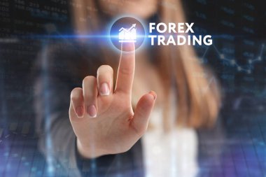 İş, teknoloji, Internet ve ağ kavramı. Geleceğin sanal bir ekranda çalışan genç bir girişimci ve yazıt görür: Forex trading