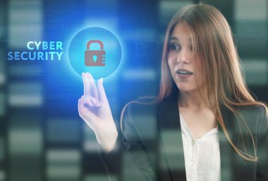 İş, teknoloji, Internet ve ağ kavramı. Geleceğin sanal bir ekranda çalışan genç bir girişimci ve yazıt görür: Cyber güvenlik