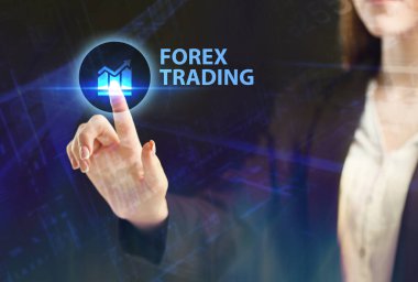 İş, teknoloji, Internet ve ağ kavramı. Geleceğin sanal bir ekranda çalışan genç bir girişimci ve yazıt görür: Forex trading