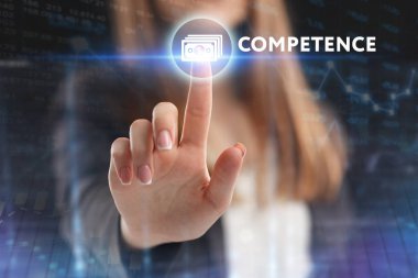 İş, teknoloji, Internet ve ağ kavramı. Geleceğin sanal bir ekranda çalışan genç bir girişimci ve yazıt görür: yeterlilik