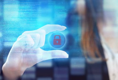 İş, teknoloji, Internet ve ağ kavramı. Geleceğin sanal bir ekranda çalışan genç bir girişimci ve yazıt görür: 