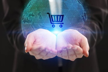 İş, teknoloji, Internet ve ağ kavramı. Geleceğin sanal bir ekranda çalışan genç bir girişimci ve yazıt görür: 