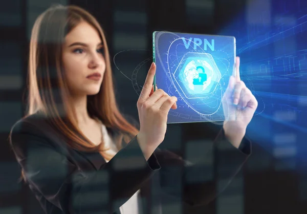 비즈니스 인터넷 네트워크의 미래의 화면에 기업가 그리고 Vpn — 스톡 사진