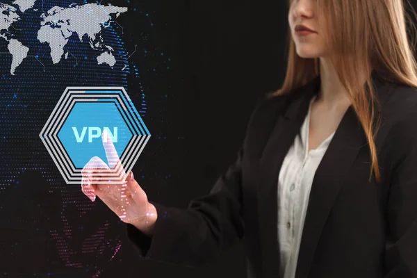 비즈니스 인터넷 네트워크의 미래의 화면에 기업가 그리고 Vpn — 스톡 사진