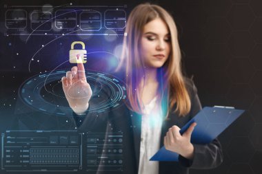 İş, teknoloji, Internet ve ağ kavramı. Geleceğin sanal bir ekranda çalışan genç bir girişimci ve yazıt görür: 