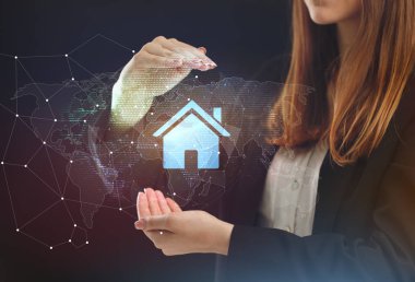 İş, teknoloji, Internet ve ağ kavramı. Geleceğin sanal bir ekranda çalışan genç bir girişimci ve yazıt görür: 