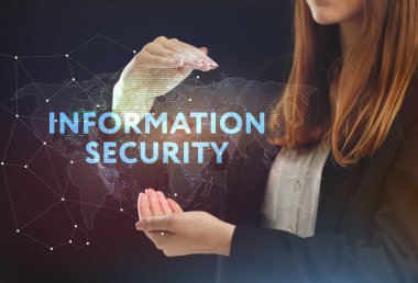 İş, teknoloji, Internet ve ağ kavramı. Geleceğin sanal bir ekranda çalışan genç bir girişimci ve yazıt görür: bilgi güvenliği