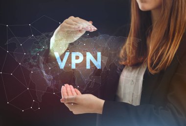 İş, teknoloji, Internet ve ağ kavramı. Geleceğin sanal bir ekranda çalışan genç bir girişimci ve yazıt görür: Vpn