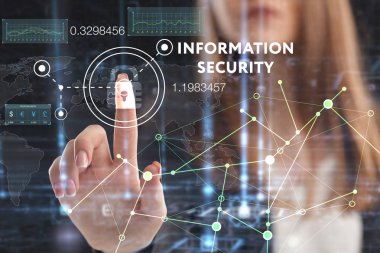 İş, teknoloji, Internet ve ağ kavramı. Geleceğin sanal bir ekranda çalışan genç bir girişimci ve yazıt görür: bilgi güvenliği