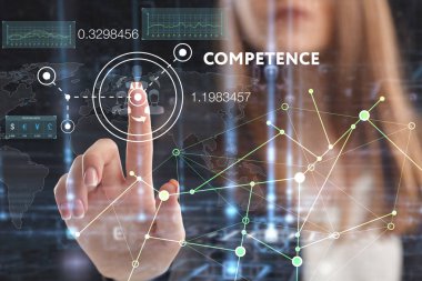 İş, teknoloji, Internet ve ağ kavramı. Geleceğin sanal bir ekranda çalışan genç bir girişimci ve yazıt görür: yeterlilik