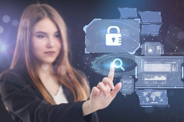 İş, teknoloji, Internet ve ağ kavramı. Geleceğin sanal bir ekranda çalışan genç bir girişimci ve yazıt görür: 