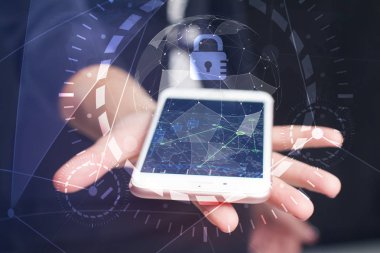 İş, teknoloji, Internet ve ağ kavramı. Geleceğin sanal bir ekranda çalışan genç bir girişimci ve yazıt görür: 