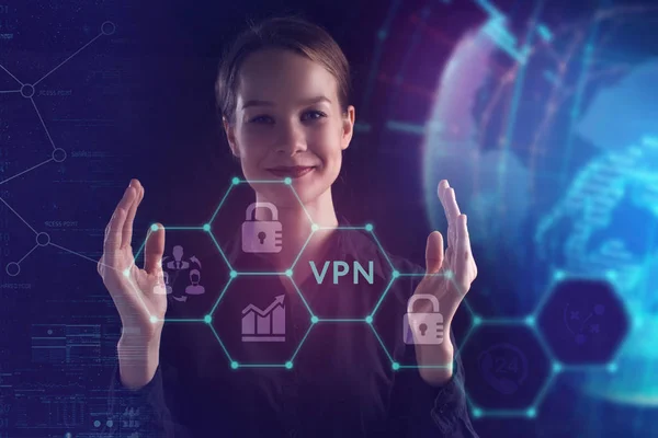 비즈니스 인터넷 네트워크의 미래의 화면에 기업가 그리고 Vpn — 스톡 사진