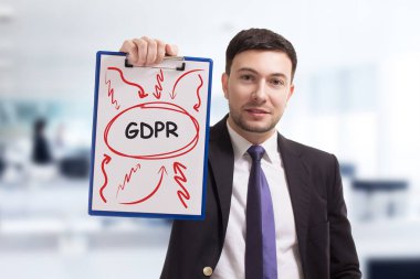 İş, teknoloji, internet ve ağ kavramı. Genç girişimci anahtar kelime gösterilen: Gdpr