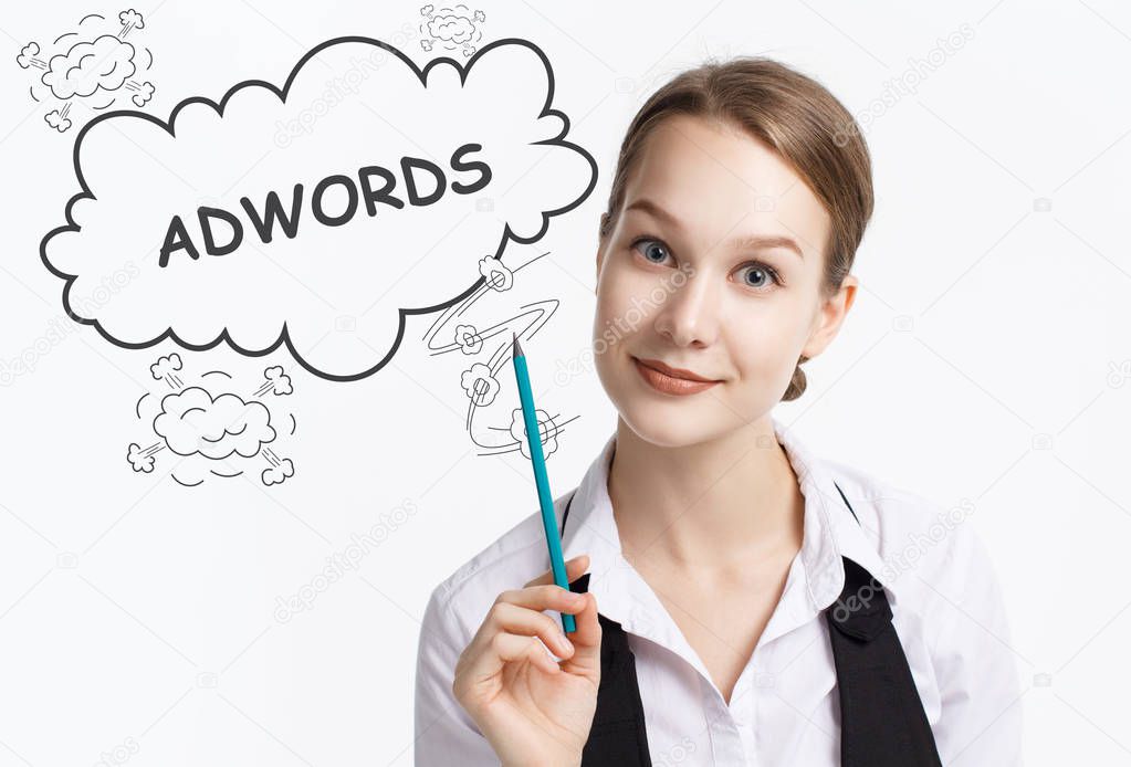 The concept of business, technology, the Internet and the network. A young entrepreneur working on a virtual screen of the future and sees the inscription: AdWords