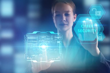 İş, teknoloji, Internet ve ağ kavramı. Geleceğin sanal bir ekranda çalışan genç bir girişimci ve yazıt görür: Cyber güvenlik