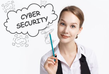 İş, teknoloji, Internet ve ağ kavramı. Geleceğin sanal bir ekranda çalışan genç bir girişimci ve yazıt görür: Cyber güvenlik