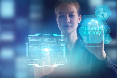 İş, teknoloji, Internet ve ağ kavramı. Geleceğin sanal bir ekranda çalışan genç bir girişimci ve yazıt görür: teknik destek