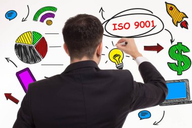 İş, teknoloji, internet ve ağ kavramı. Anahtar kelime gösterilen genç girişimci: ISO 9001