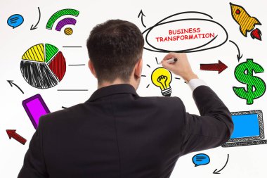 İş, teknoloji, internet ve ağ kavramı. Anahtar kelime gösterilen genç girişimci: iş dönüşüm