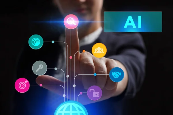 İş, teknoloji, Internet ve ağ kavramı. Geleceğin sanal bir ekranda çalışan genç bir girişimci ve yazıt görür: Ai