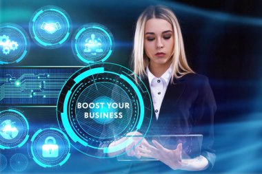 Ekonomi, teknoloji, Internet ve ağ kavramı. Genç busine