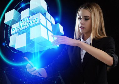 İş, Teknoloji, İnternet ve ağ konsepti. Genç işadamı geleceğin sanal ekranı üzerinde çalışıyor ve yazıyı görüyor: özen