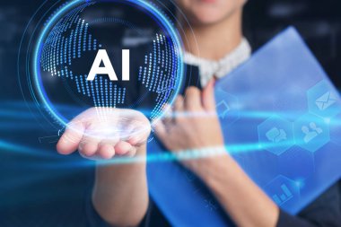 İş, Teknoloji, İnternet ve ağ konsepti. Genç işadamı geleceğin sanal ekranı üzerinde çalışıyor ve yazıyı görüyor.: 