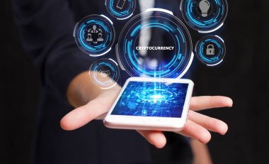 İş, Teknoloji, İnternet ve ağ konsepti. Genç işadamı geleceğin sanal ekranı üzerinde çalışıyor ve yazıyı görüyor.: 