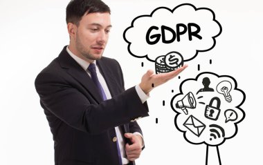 İş, teknoloji, internet ve ağ konsepti. Genç işadamı başarılı büyüme adımları üzerinde düşünüyor: GDPR