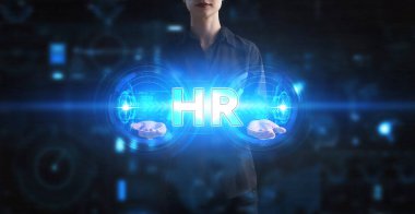 İş, Teknoloji, İnternet ve ağ konsepti. Genç işadamı geleceğin sanal ekranı üzerinde çalışıyor ve yazıyı görüyor: