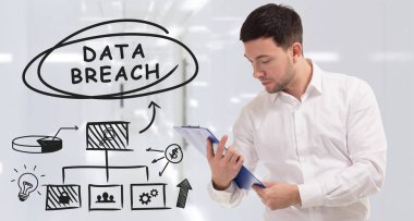 İş, teknoloji, internet ve ağ konsepti. Genç işadamı başarılı büyüme adımları üzerinde düşünüyor: veri sızıntısı