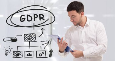 İş, teknoloji, internet ve ağ konsepti. Genç işadamı başarılı büyüme adımları üzerinde düşünüyor: GDPR