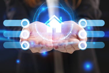 İş, Teknoloji, İnternet ve ağ konsepti. Genç işadamı geleceğin sanal ekranı üzerinde çalışıyor ve yazıyı görüyor.: 