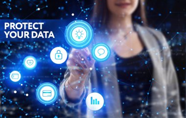 İş, Teknoloji, İnternet ve ağ konsepti. Genç işadamı geleceğin sanal ekranı üzerinde çalışıyor ve yazıyı görüyor.: 