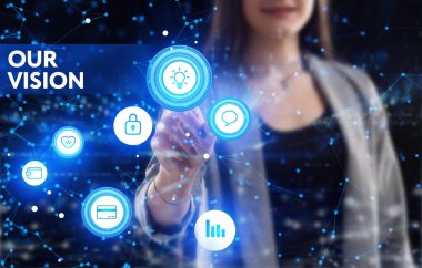 İş, Teknoloji, İnternet ve ağ konsepti. Genç işadamı geleceğin sanal ekranı üzerinde çalışıyor ve yazıyı görüyor.: 